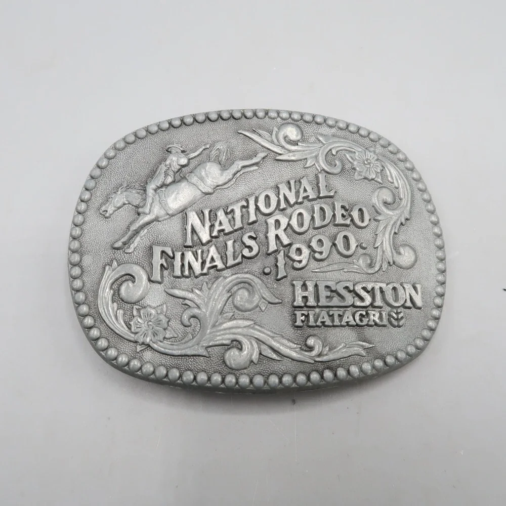 1990 Hesston National Finals Rodeo Oval Belt Buckle Cowboy Horse Metal Vintage